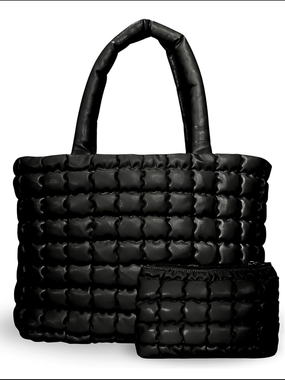 NWOT Quilted Puffer Tote Bag with Matching Pouch - Black